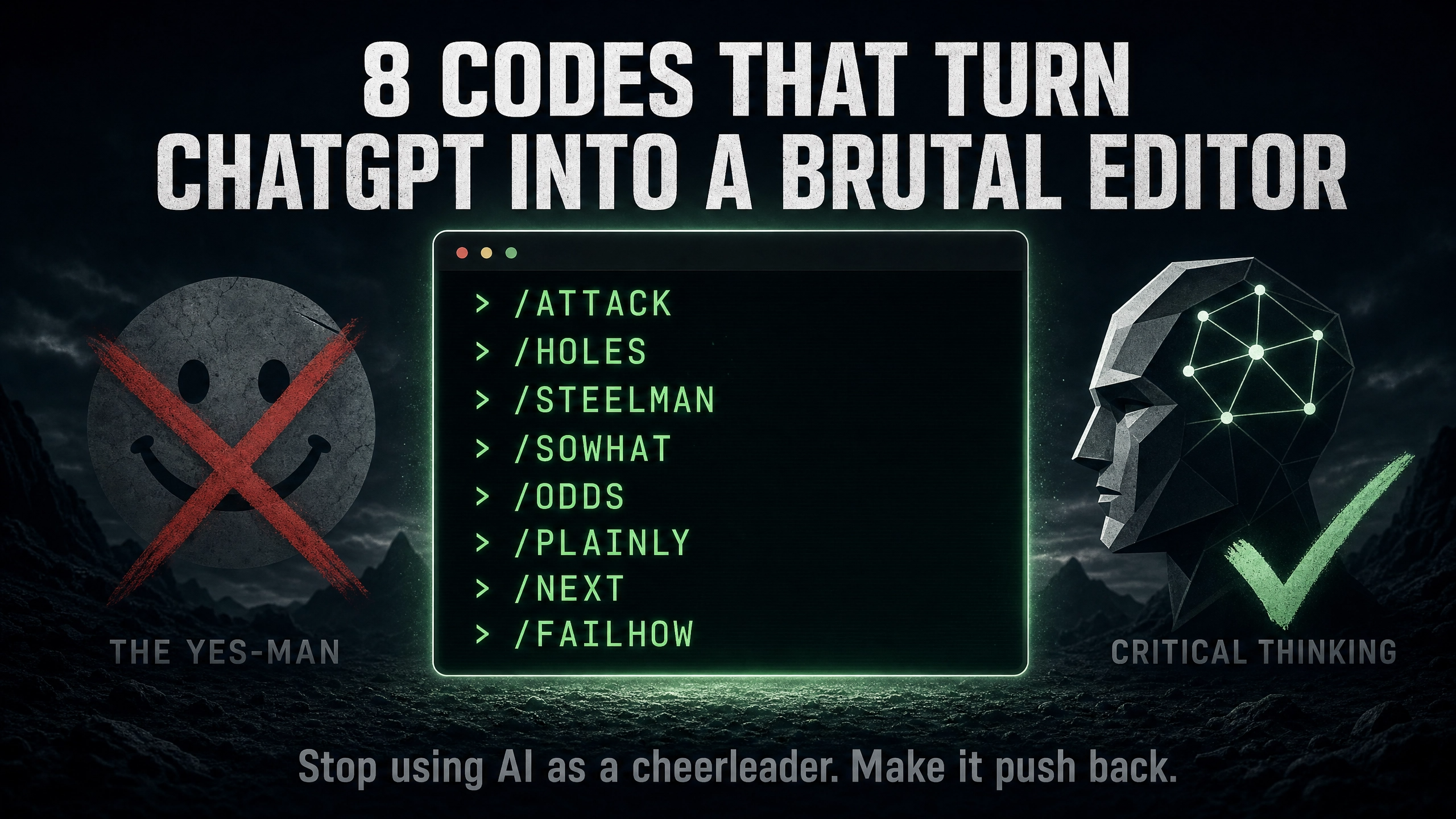 8 codes that turn ChatGPT into a brutal editor and thinking partner instead of a yes-man. 